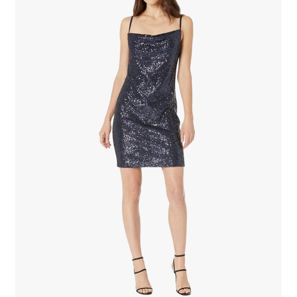 Marina NWT Spaghetti Strap Sequin Navy Blue Sheath Mini‎ Dress Sz 16 HoCo Glam